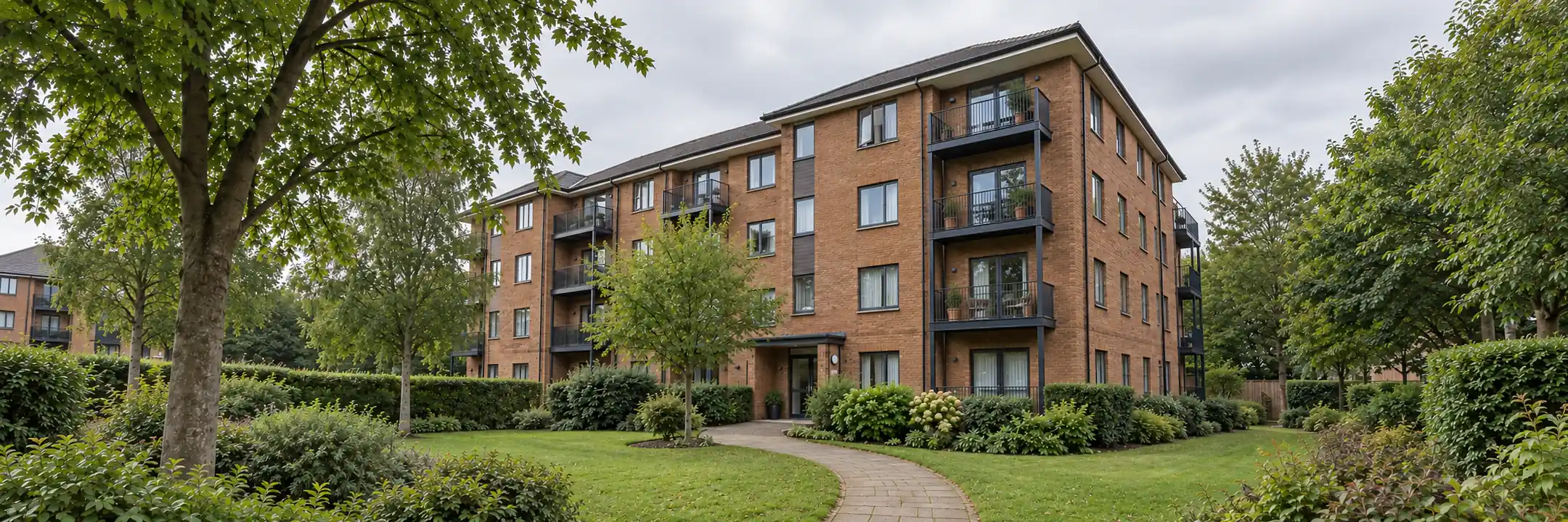 Brick apartment block with balconies and communal gardens beneath an overcast summer sky.